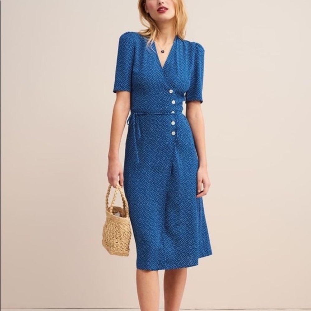 Rouje Gabin Midi Wrap Dress Blue Polkadot size 34 XS